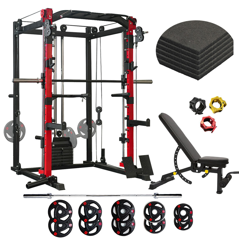 smith machine sp024 with gym mats weight plates bench barbell and collars